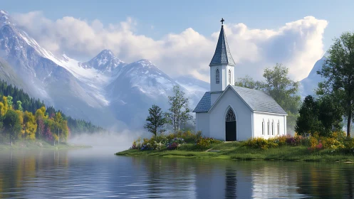 Lakefront chapel under volumetric light beside alpine mountains