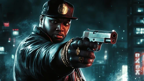 Digital portrait of armed man in cap and leather jacket.