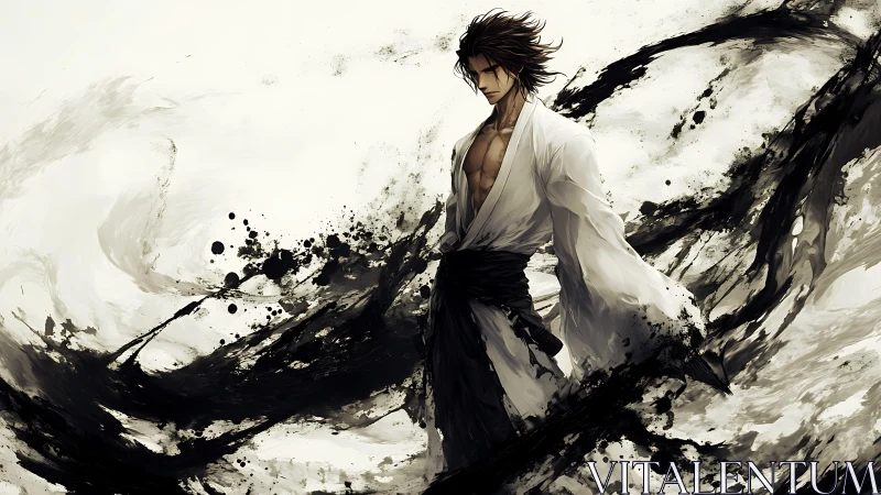 Ink-touched warrior poised within swirling painted storm.