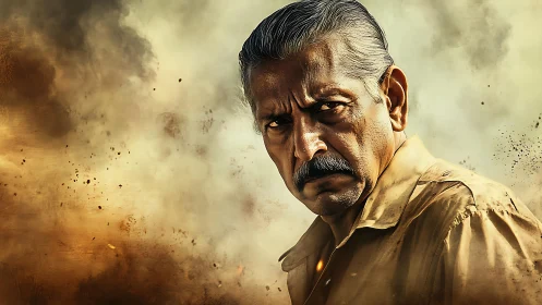 Weathered man’s intense stare in a storm of swirling dust.