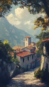 Mountain village street under warm afternoon light.