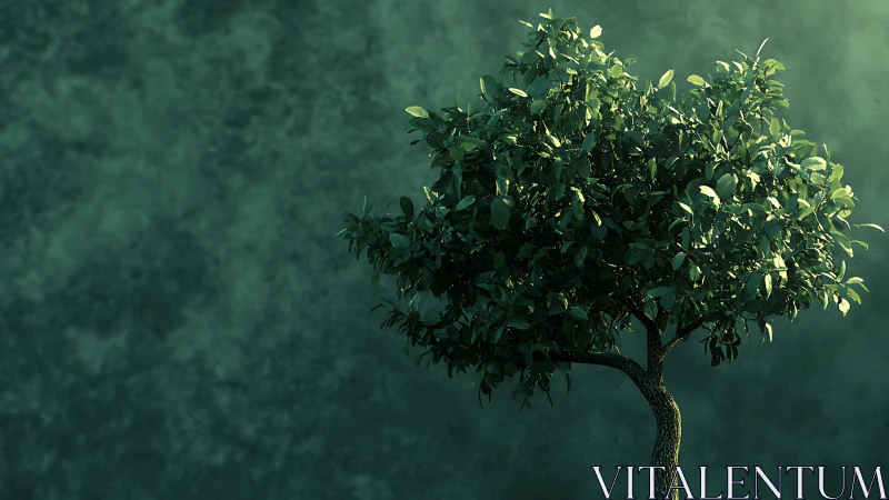Solitary green tree under moody directional sunlight