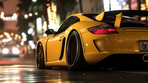 Yellow sports car glows against neon city nightlife backdrop.