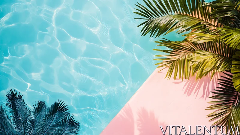 Palm leaves and pastel poolside glow in endless summer light.