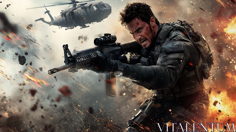 Tactical operator advancing through explosive debris with carbine