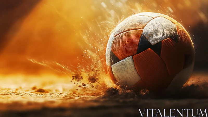 Soccer ball impacts dusty ground under strong backlighting