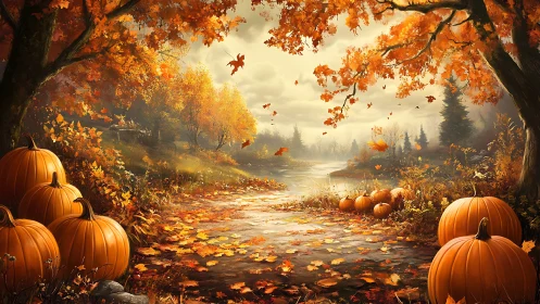 Autumn Landscape with Volumetric Lighting Through Deciduous Canopy