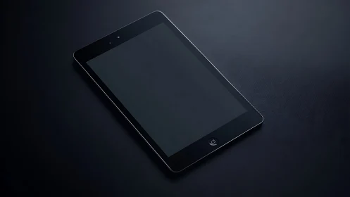Black tablet device angled on dark surface with screen off.