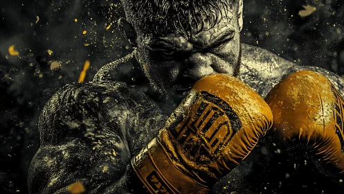Golden Boxing Gloves Against Particle-Strewn Dark Background.