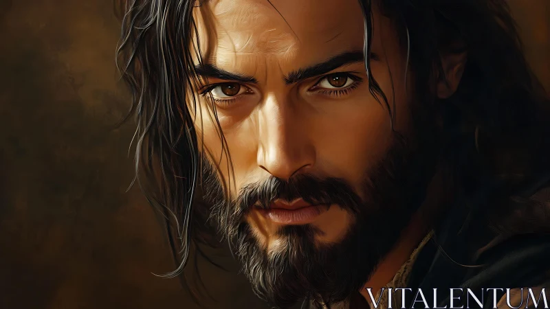 Warm brown eyes and thoughtful gaze in a rich portrait.