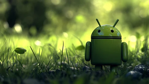 3D android mascot in shallow-focus woodland micro-landscape.