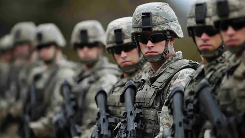 Soldiers in digital camouflage stand armed in formation line