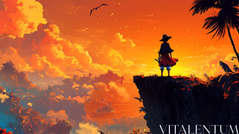 Silhouetted figure stands on cliff edge overlooking orange sky