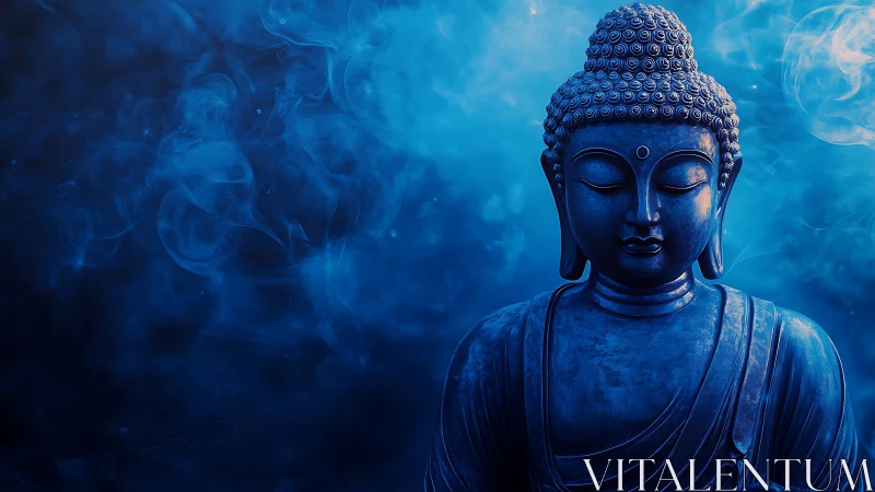 Blue Buddha statue amid swirling ethereal smoke backdrop.