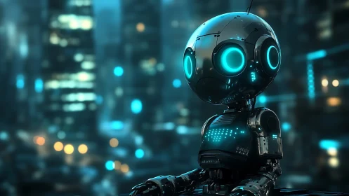 Small chrome robot with glowing cyan eyes stands in cityscape