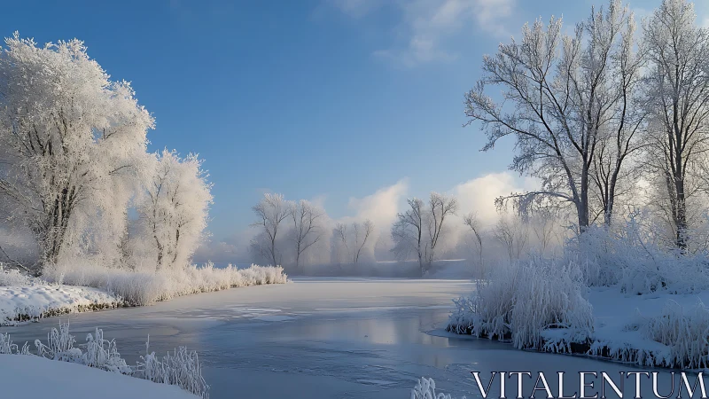 Snow covered riverside trees stand beside a frozen waterway