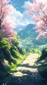 Cherry blossom path leans softly toward a dreaming valley