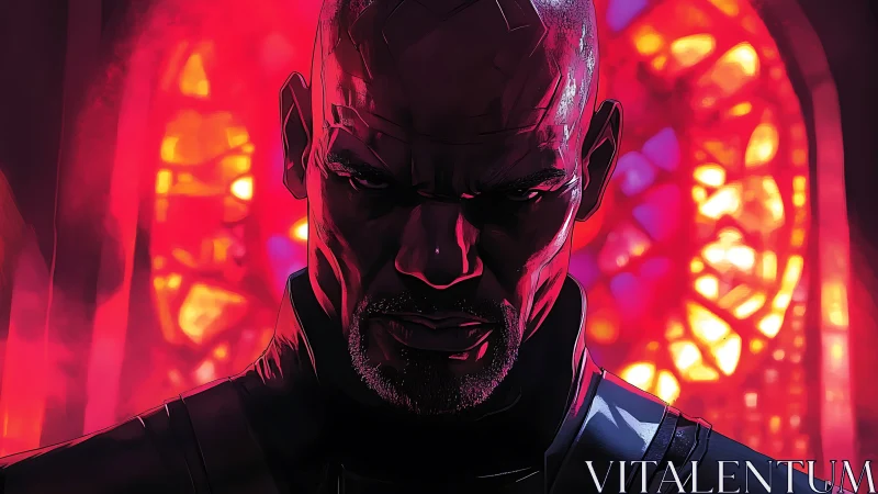 Backlit portrait of armored man under saturated red stained glass