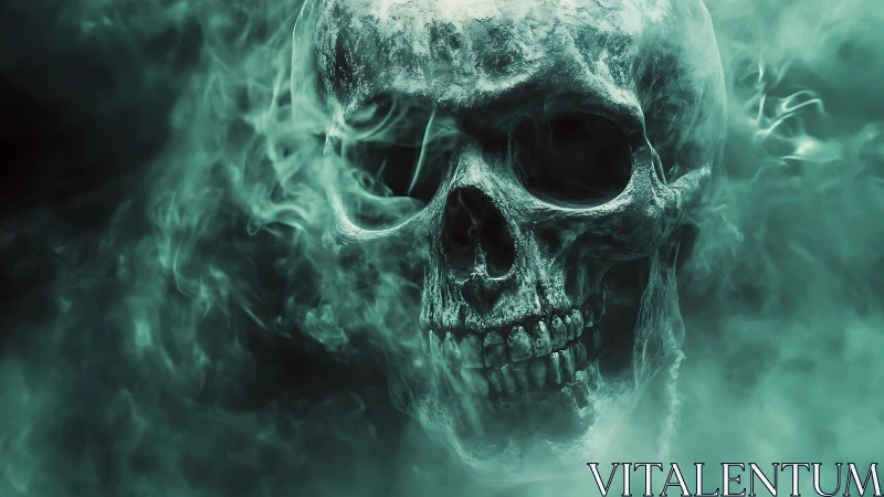 Green mist skull close-up with eerie smoky atmosphere.
