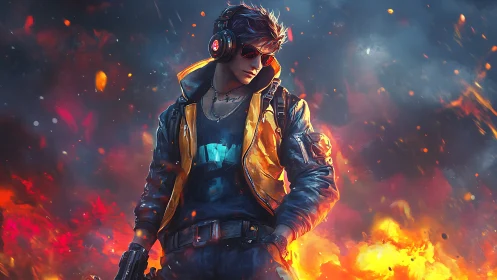 Cyberpunk gamer hero amid blazing futuristic inferno.