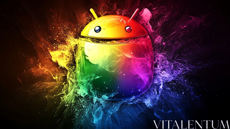 Color-splashed android mascot bursting with rainbow energy.
