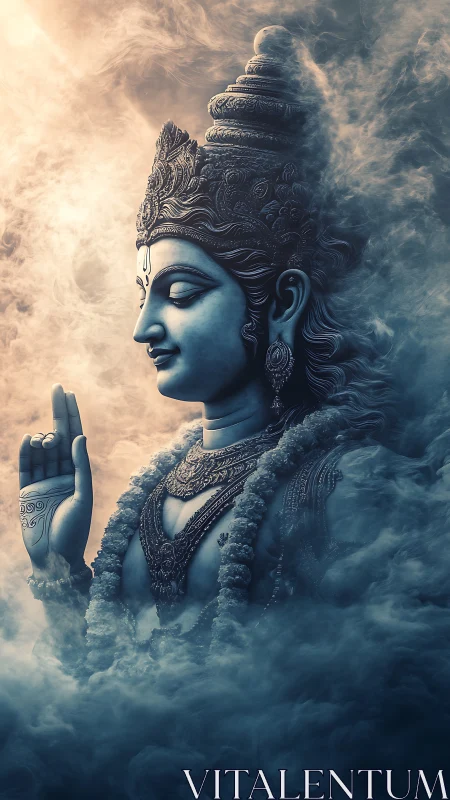 Serene stone deity parts swirling clouds with quiet blessing