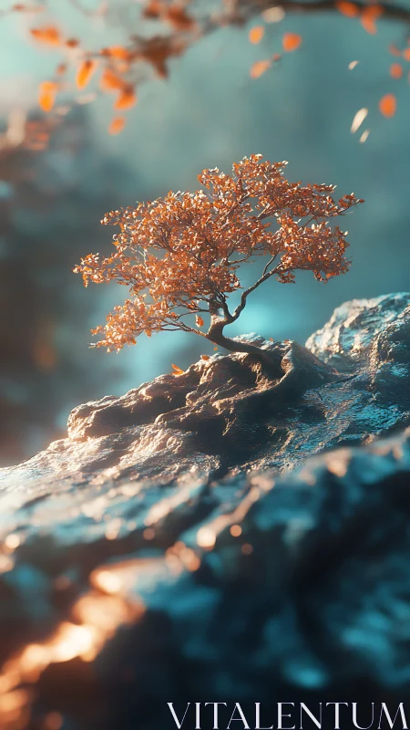 Tiny ember tree clings to a dream-bright cliffside world