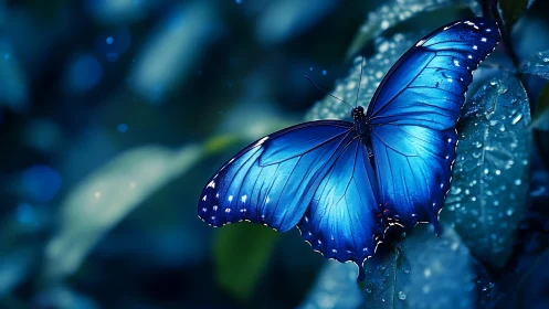 Blue butterfly resting on wet foliage in soft focus environment.