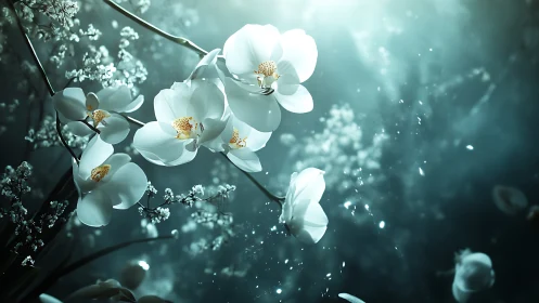 White Phalaenopsis orchids with golden anthers suspended in luminous bokeh