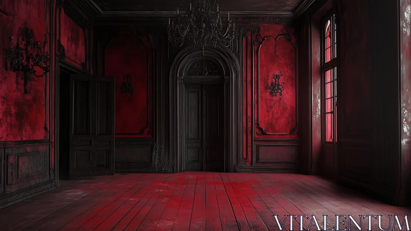 Dark red gothic interior with empty wooden floored room.
