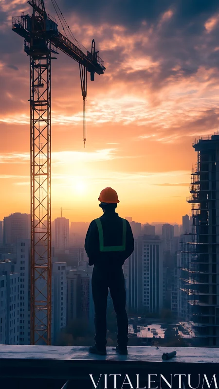 Construction worker observes urban skyline during sunset