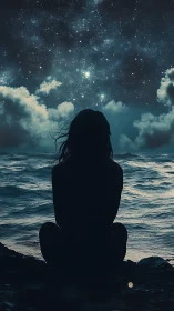 Silhouette watches star-filled night sky above dark ocean.