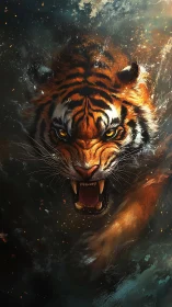 Storm-scorched tiger erupts from shadowed waters in fury.