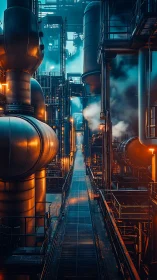 Industrial catwalk piercing neon-steamed refinery nightscape.