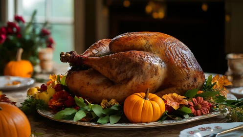 Roasted whole turkey displayed on garnished serving platter