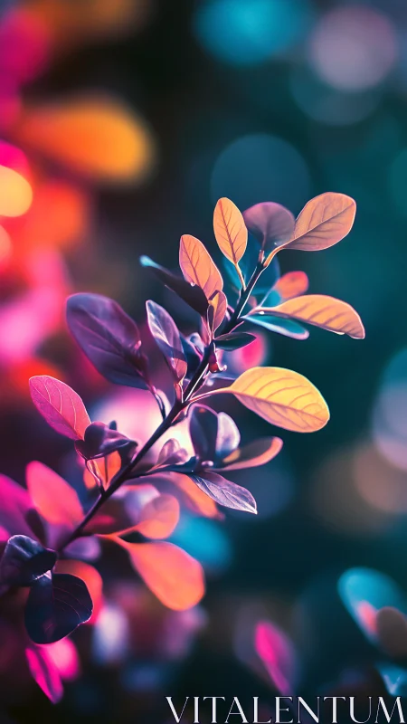 Bokeh enhanced foliage branch under neon gradient rim lighting