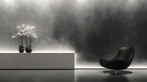 Minimalist lounge with black chair and orchids decor.
