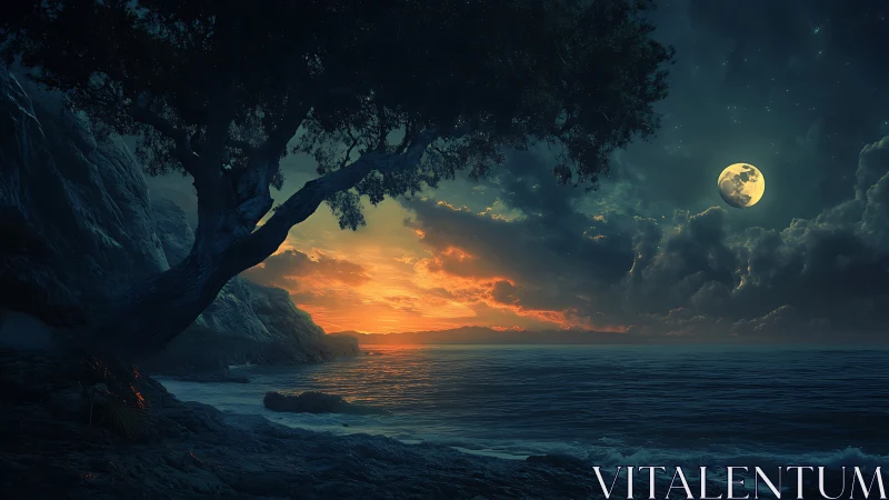 Coastal shoreline under moonlit sky and distant sunset glow.