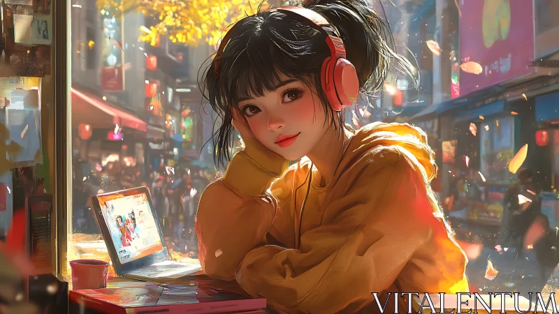 Girl in headphones studies by café window in warm city glow