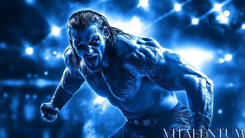 High-contrast blue-toned wrestler portrait with dramatic rim lighting
