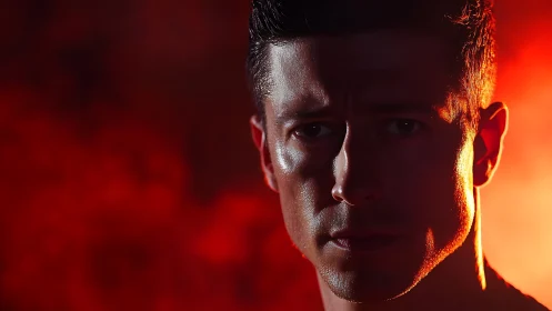 Intense male portrait in dramatic red backlight glow.