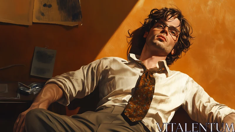 Sunlit office worker reclines in warm afternoon pause.