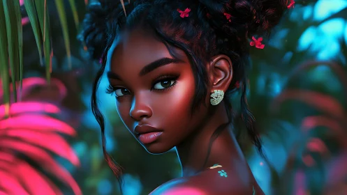 Chromatic jungle portrait with neon rim lighting precision.