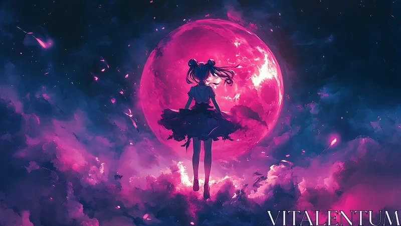 Anime girl drifts before glowing pink moon in nebula sky.