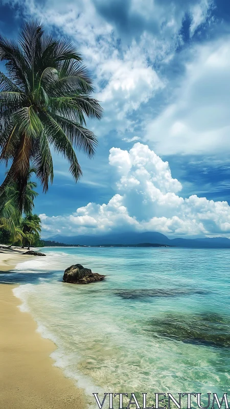Tropical Beach with Palm Tree and Mountain Vista.