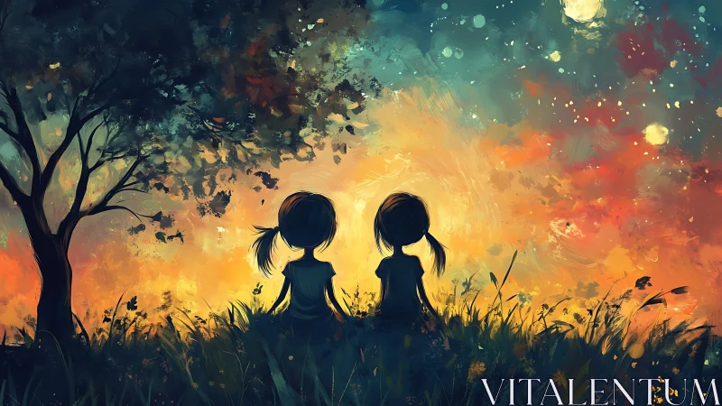 Two children silhouettes under dusk sky with stars and tree.