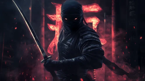 Digital painting of armored ninja swordsman in neon backlight.