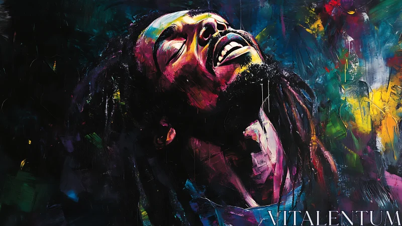 Expressive neon portrait with ecstatic upward gaze.