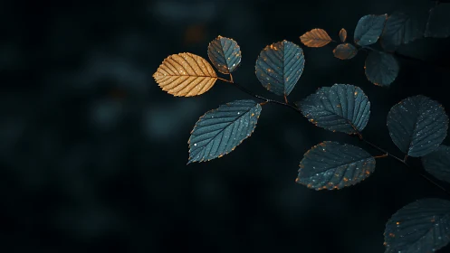 Macro foliage study with dewy bokeh, teal and amber contrast