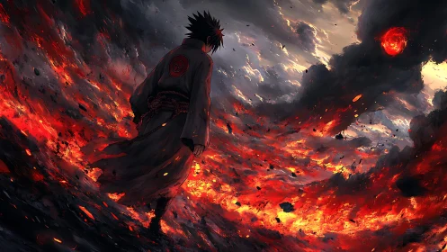 Dark-robed warrior walks through burning volcanic chaos.